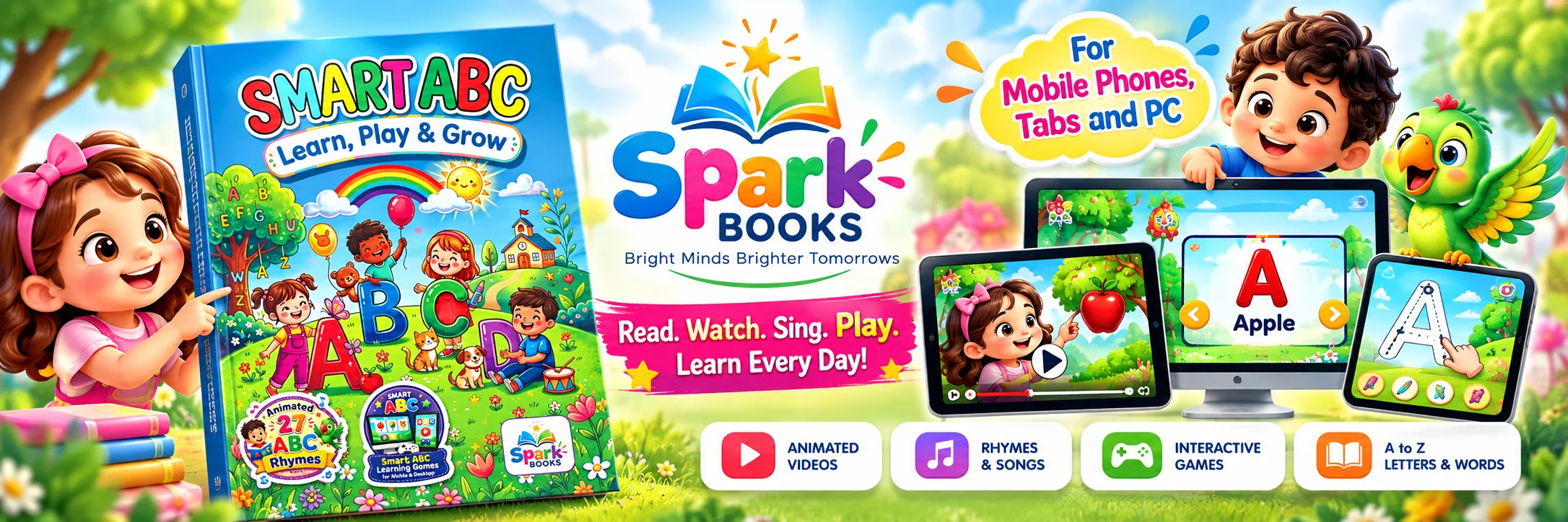 Spark Books Smart ABC digital learning experience on book, tablet and phone